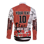Personalized Dragons ANZAC Tribute Long Sleeve Button Shirt Poppy Field Soldier Silhouette Aboriginal Rugby Mascot