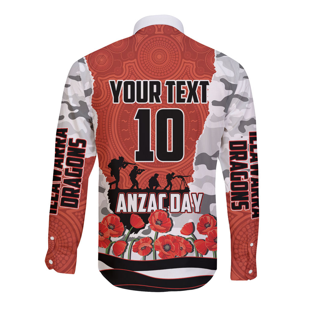 Personalized Dragons ANZAC Tribute Long Sleeve Button Shirt Poppy Field Soldier Silhouette Aboriginal Rugby Mascot