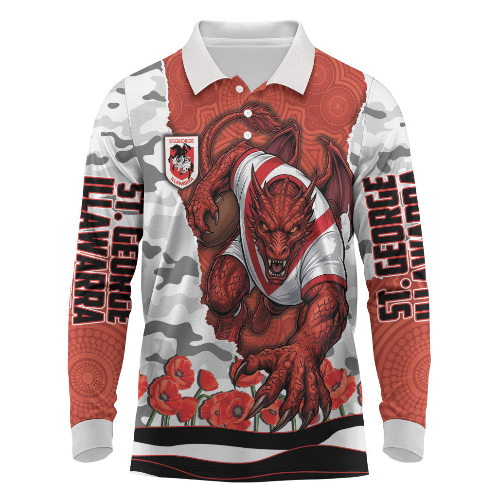 Personalized Dragons ANZAC Tribute Long Sleeve Polo Shirt Poppy Field Soldier Silhouette Aboriginal Rugby Mascot