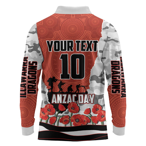 Personalized Dragons ANZAC Tribute Long Sleeve Polo Shirt Poppy Field Soldier Silhouette Aboriginal Rugby Mascot