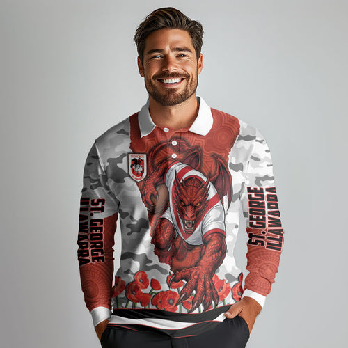 Personalized Dragons ANZAC Tribute Long Sleeve Polo Shirt Poppy Field Soldier Silhouette Aboriginal Rugby Mascot