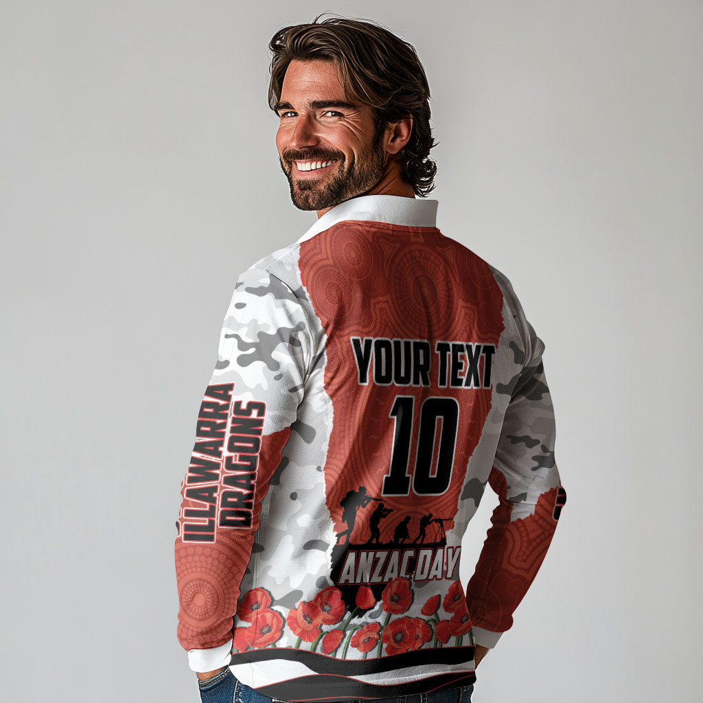 Personalized Dragons ANZAC Tribute Long Sleeve Polo Shirt Poppy Field Soldier Silhouette Aboriginal Rugby Mascot