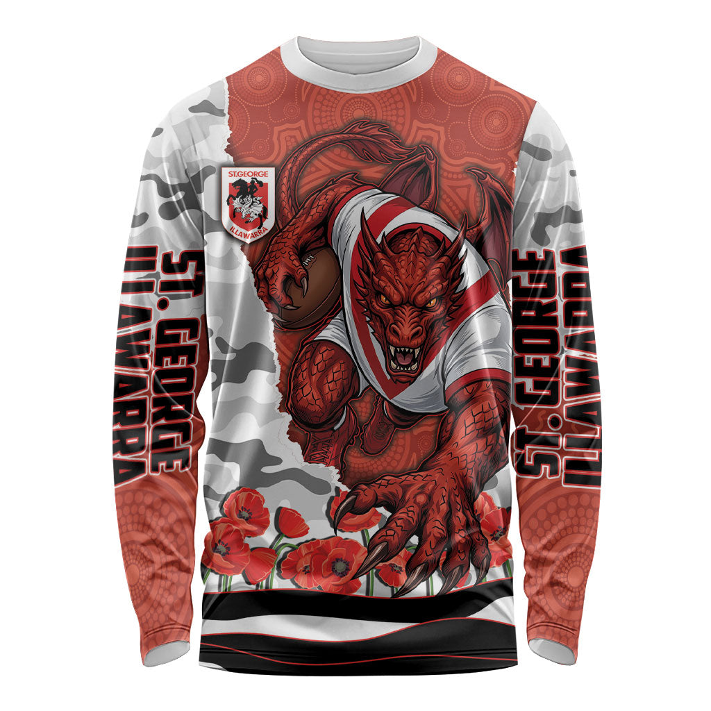Personalized Dragons ANZAC Tribute Long Sleeve Shirt Poppy Field Soldier Silhouette Aboriginal Rugby Mascot