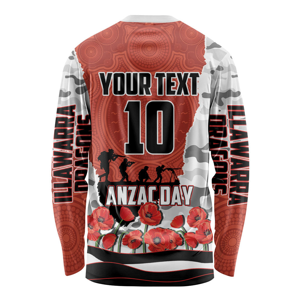 Personalized Dragons ANZAC Tribute Long Sleeve Shirt Poppy Field Soldier Silhouette Aboriginal Rugby Mascot