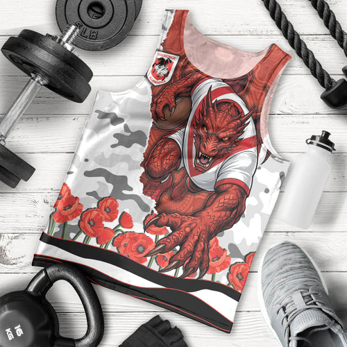 Personalized Dragons ANZAC Tribute Men Tank Top Poppy Field Soldier Silhouette Aboriginal Rugby Mascot
