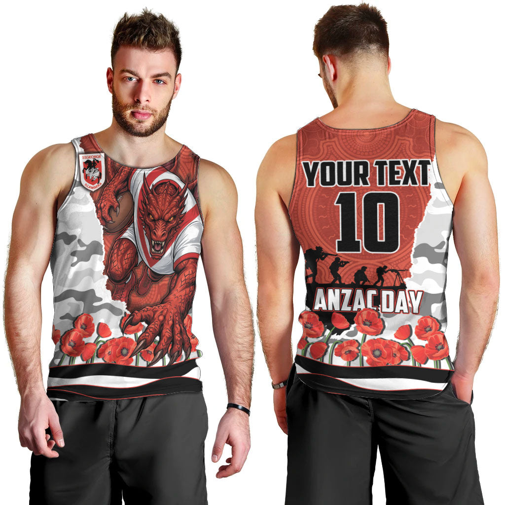 Personalized Dragons ANZAC Tribute Men Tank Top Poppy Field Soldier Silhouette Aboriginal Rugby Mascot