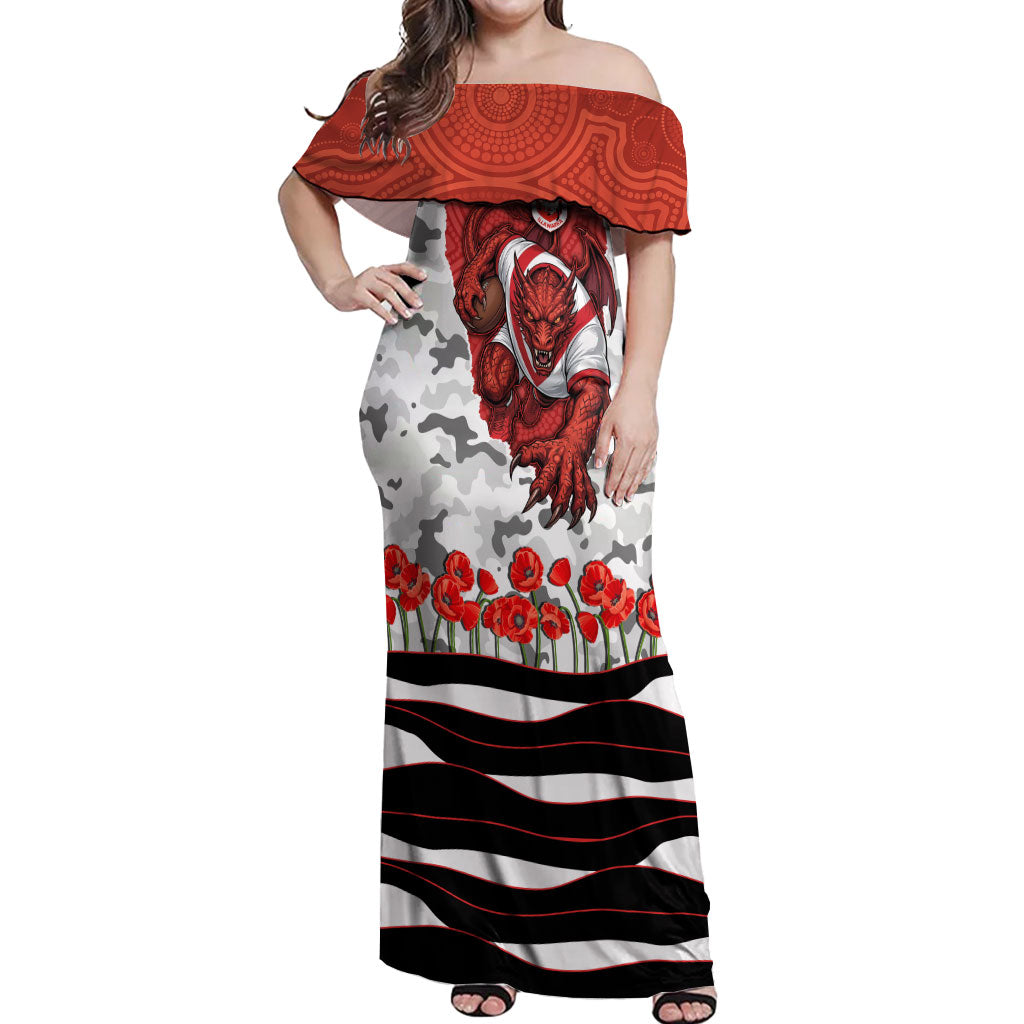 Personalized Dragons ANZAC Tribute Off Shoulder Maxi Dress Poppy Field Soldier Silhouette Aboriginal Rugby Mascot