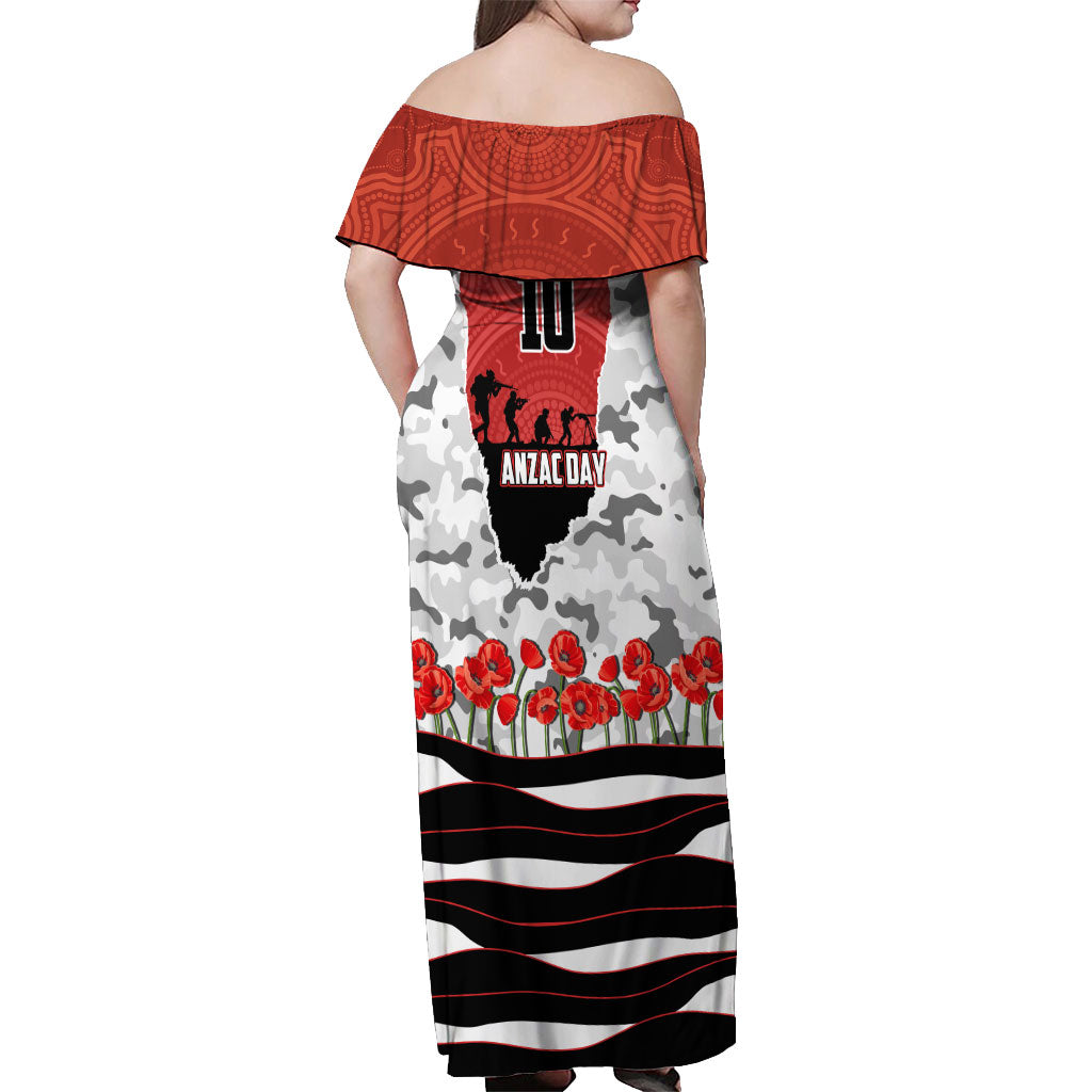 Personalized Dragons ANZAC Tribute Off Shoulder Maxi Dress Poppy Field Soldier Silhouette Aboriginal Rugby Mascot