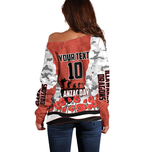 Personalized Dragons ANZAC Tribute Off Shoulder Sweater Poppy Field Soldier Silhouette Aboriginal Rugby Mascot