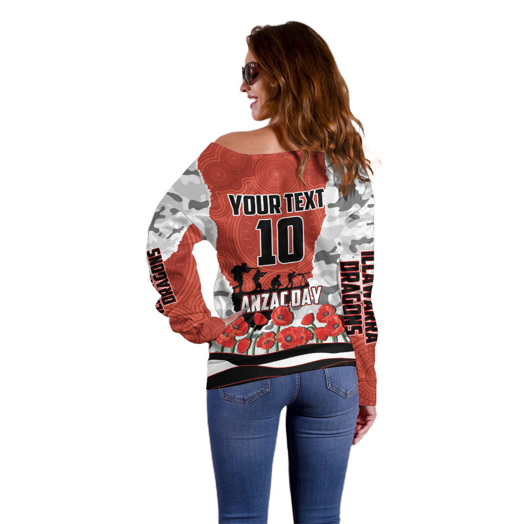 Personalized Dragons ANZAC Tribute Off Shoulder Sweater Poppy Field Soldier Silhouette Aboriginal Rugby Mascot