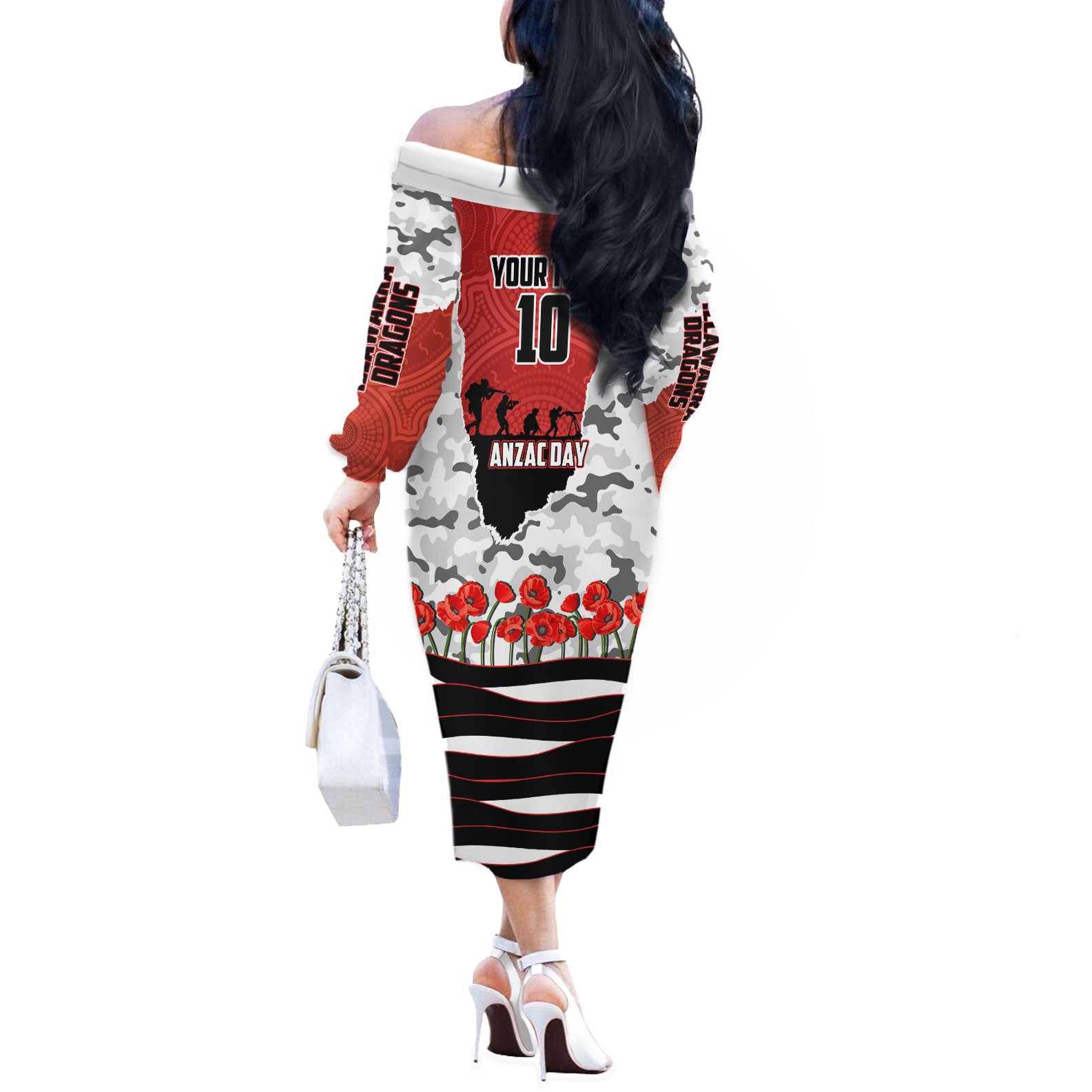 Personalized Dragons ANZAC Tribute Off The Shoulder Long Sleeve Dress Poppy Field Soldier Silhouette Aboriginal Rugby Mascot