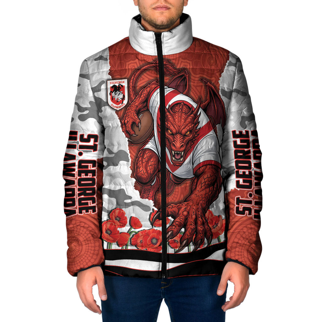 Personalized Dragons ANZAC Tribute Padded Jacket Poppy Field Soldier Silhouette Aboriginal Rugby Mascot