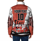 Personalized Dragons ANZAC Tribute Padded Jacket Poppy Field Soldier Silhouette Aboriginal Rugby Mascot