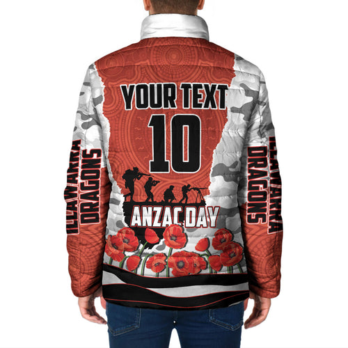 Personalized Dragons ANZAC Tribute Padded Jacket Poppy Field Soldier Silhouette Aboriginal Rugby Mascot