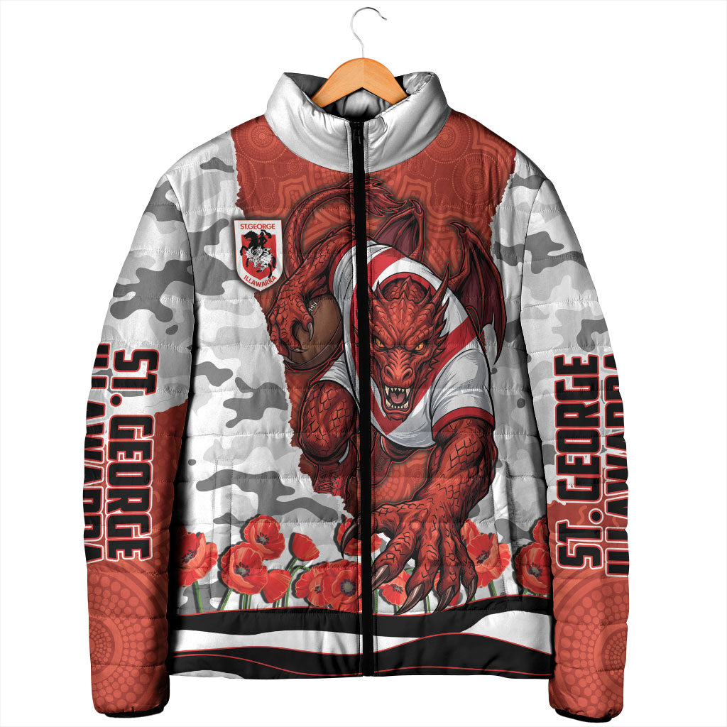 Personalized Dragons ANZAC Tribute Padded Jacket Poppy Field Soldier Silhouette Aboriginal Rugby Mascot