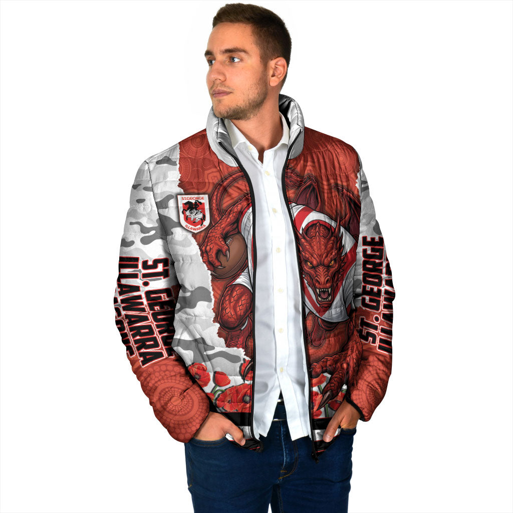 Personalized Dragons ANZAC Tribute Padded Jacket Poppy Field Soldier Silhouette Aboriginal Rugby Mascot