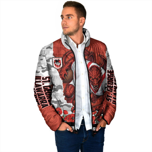 Personalized Dragons ANZAC Tribute Padded Jacket Poppy Field Soldier Silhouette Aboriginal Rugby Mascot