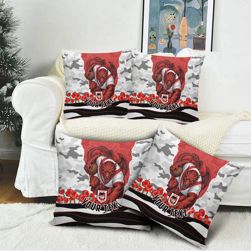 Personalized Dragons ANZAC Tribute Pillow Cover Poppy Field Soldier Silhouette Aboriginal Rugby Mascot