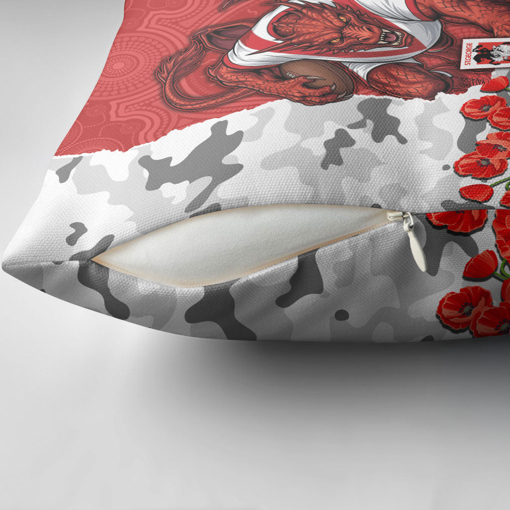 Personalized Dragons ANZAC Tribute Pillow Cover Poppy Field Soldier Silhouette Aboriginal Rugby Mascot