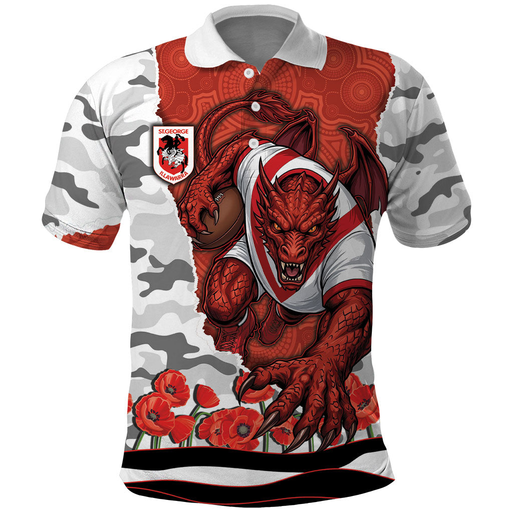 Personalized Dragons ANZAC Tribute Polo Shirt Poppy Field Soldier Silhouette Aboriginal Rugby Mascot
