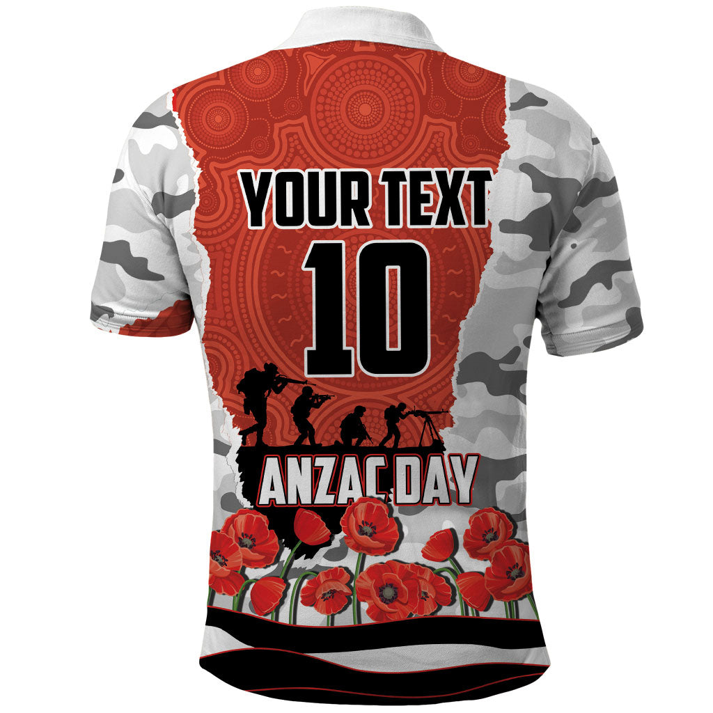 Personalized Dragons ANZAC Tribute Polo Shirt Poppy Field Soldier Silhouette Aboriginal Rugby Mascot