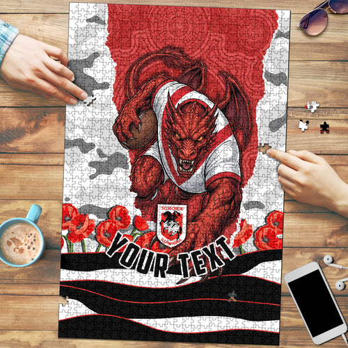 Personalized Dragons ANZAC Tribute Puzzle Poppy Field Soldier Silhouette Aboriginal Rugby Mascot