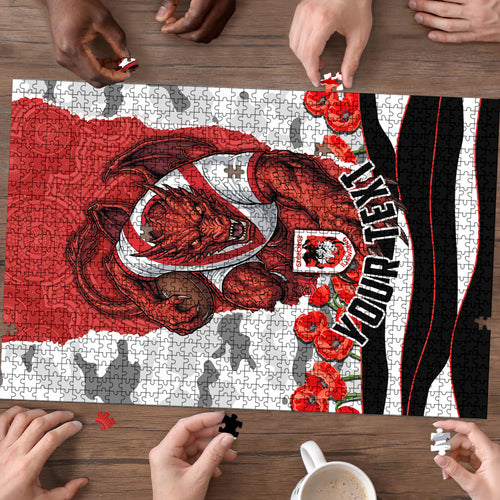 Personalized Dragons ANZAC Tribute Puzzle Poppy Field Soldier Silhouette Aboriginal Rugby Mascot