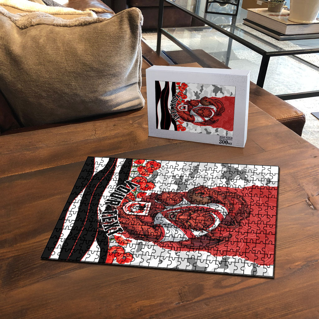 Personalized Dragons ANZAC Tribute Puzzle Poppy Field Soldier Silhouette Aboriginal Rugby Mascot