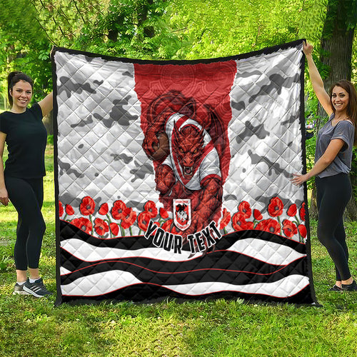 Personalized Dragons ANZAC Tribute Quilt Poppy Field Soldier Silhouette Aboriginal Rugby Mascot