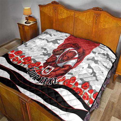 Personalized Dragons ANZAC Tribute Quilt Poppy Field Soldier Silhouette Aboriginal Rugby Mascot