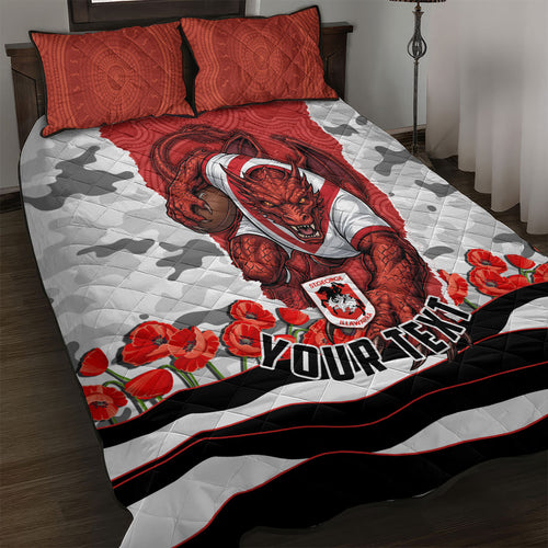 Personalized Dragons ANZAC Tribute Quilt Bed Set Poppy Field Soldier Silhouette Aboriginal Rugby Mascot