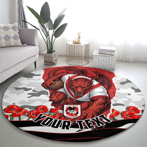 Personalized Dragons ANZAC Tribute Round Carpet Poppy Field Soldier Silhouette Aboriginal Rugby Mascot