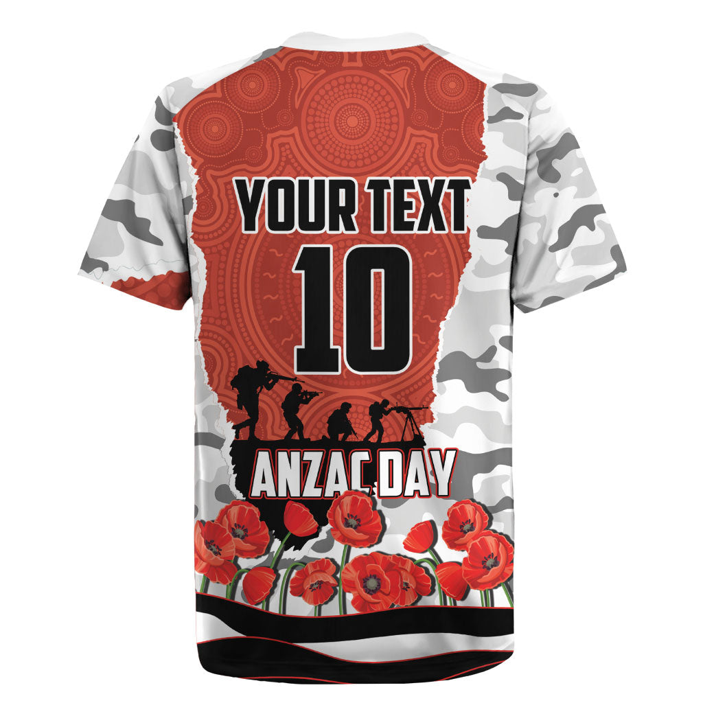 Personalized Dragons ANZAC Tribute Rugby Jersey Poppy Field Soldier Silhouette Aboriginal Rugby Mascot