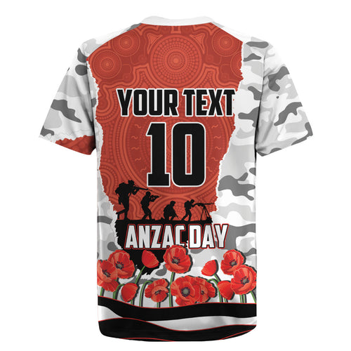 Personalized Dragons ANZAC Tribute Rugby Jersey Poppy Field Soldier Silhouette Aboriginal Rugby Mascot