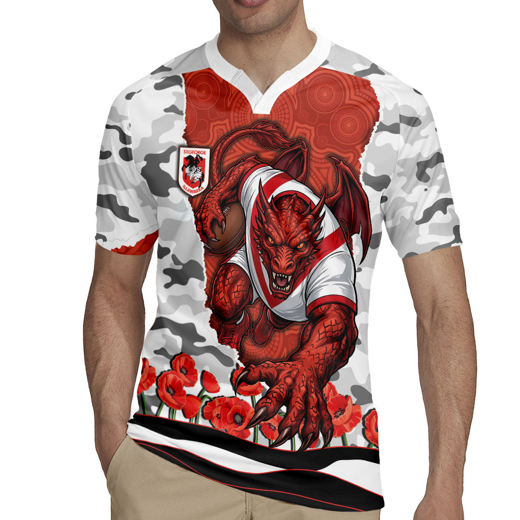 Personalized Dragons ANZAC Tribute Rugby Jersey Poppy Field Soldier Silhouette Aboriginal Rugby Mascot