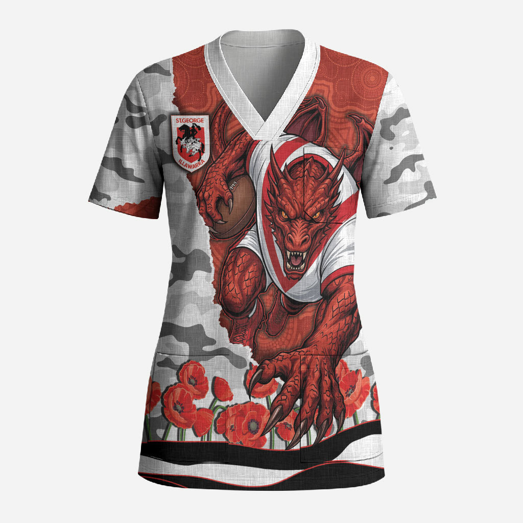 Personalized Dragons ANZAC Tribute Scrub Top Poppy Field Soldier Silhouette Aboriginal Rugby Mascot