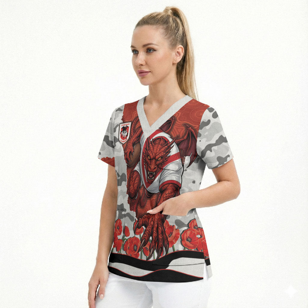 Personalized Dragons ANZAC Tribute Scrub Top Poppy Field Soldier Silhouette Aboriginal Rugby Mascot