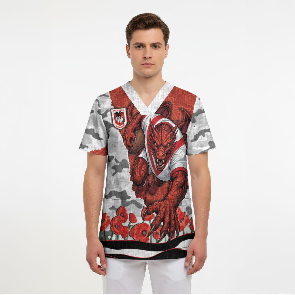 Personalized Dragons ANZAC Tribute Scrub Top Poppy Field Soldier Silhouette Aboriginal Rugby Mascot