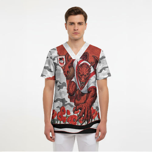 Personalized Dragons ANZAC Tribute Scrub Top Poppy Field Soldier Silhouette Aboriginal Rugby Mascot