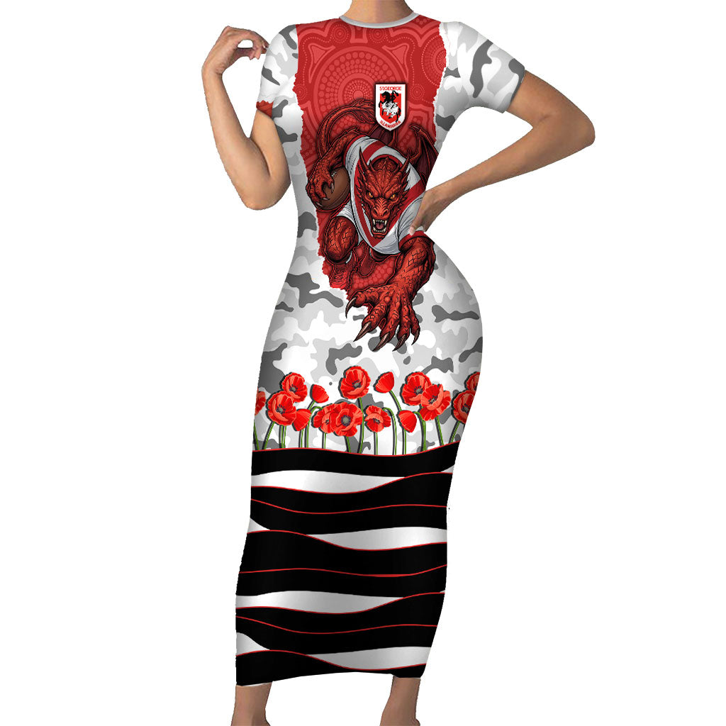 Personalized Dragons ANZAC Tribute Short Sleeve Bodycon Dress Poppy Field Soldier Silhouette Aboriginal Rugby Mascot