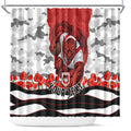 Personalized Dragons ANZAC Tribute Shower Curtain Poppy Field Soldier Silhouette Aboriginal Rugby Mascot