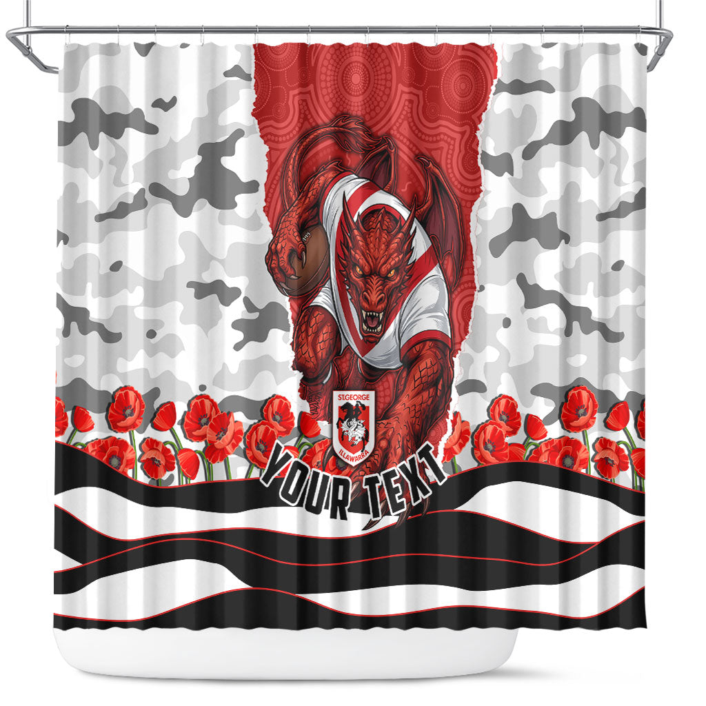 Personalized Dragons ANZAC Tribute Shower Curtain Poppy Field Soldier Silhouette Aboriginal Rugby Mascot