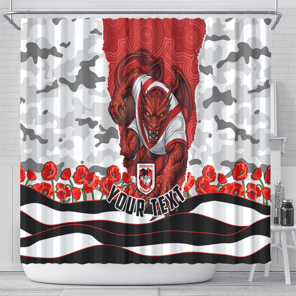 Personalized Dragons ANZAC Tribute Shower Curtain Poppy Field Soldier Silhouette Aboriginal Rugby Mascot