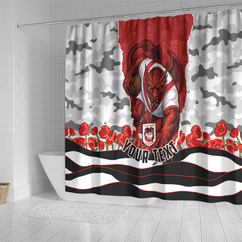 Personalized Dragons ANZAC Tribute Shower Curtain Poppy Field Soldier Silhouette Aboriginal Rugby Mascot