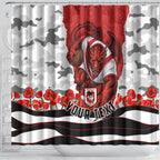 Personalized Dragons ANZAC Tribute Shower Curtain Poppy Field Soldier Silhouette Aboriginal Rugby Mascot