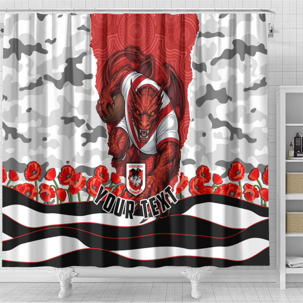 Personalized Dragons ANZAC Tribute Shower Curtain Poppy Field Soldier Silhouette Aboriginal Rugby Mascot