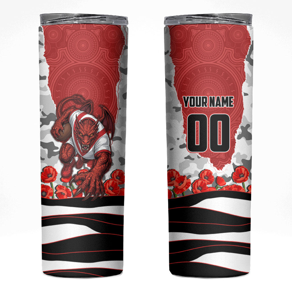 Personalized Dragons ANZAC Tribute Skinny Tumbler Poppy Field Soldier Silhouette Aboriginal Rugby Mascot