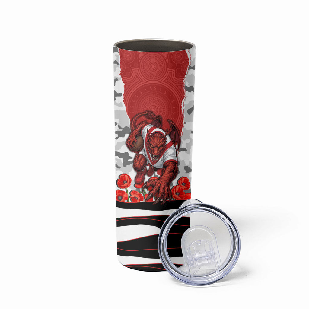 Personalized Dragons ANZAC Tribute Skinny Tumbler Poppy Field Soldier Silhouette Aboriginal Rugby Mascot