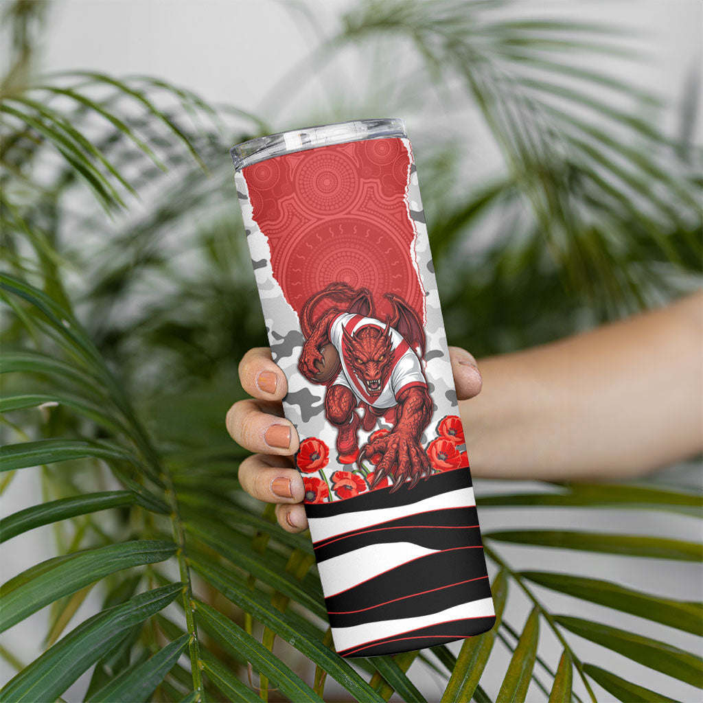 Personalized Dragons ANZAC Tribute Skinny Tumbler Poppy Field Soldier Silhouette Aboriginal Rugby Mascot