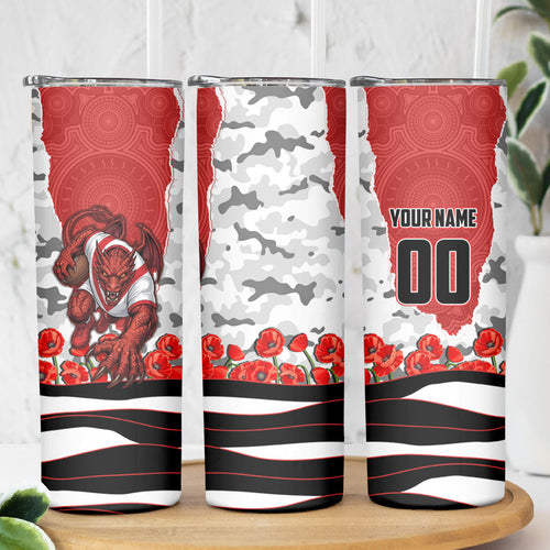 Personalized Dragons ANZAC Tribute Skinny Tumbler Poppy Field Soldier Silhouette Aboriginal Rugby Mascot